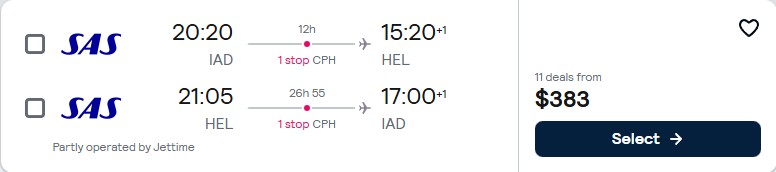 Click here to book this cheap flight deal. Cheap flights from Washington DC to Helsinki, Finland for only $383 roundtrip with Scandinavian Airlines. Flight deal ticket image.