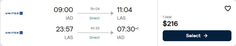 Click here to book this cheap flight deal. Non-stop flights from Washington DC to Las Vegas for only $216 roundtrip with United Airlines. Also works in reverse. Flight deal ticket image.