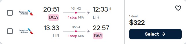 Click here to book this cheap flight deal. Cheap flights from Washington DC to Liberia, Costa Rica for only $322 roundtrip with American Airlines. Flight deal ticket image.