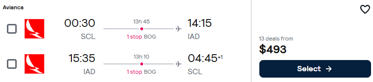 Click here to book this cheap flight deal. Cheap flights from Santiago, Chile to Washington DC, USA for only $493 USD roundtrip with Avianca. Flight deal ticket image.