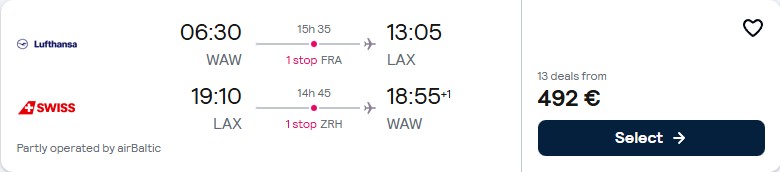 Click here to book this cheap flight deal. Cheap flights from Warsaw, Poland to Los Angeles, USA for only €492 roundtrip with Lufthansa and Swiss International Air Lines. Flight deal ticket image.