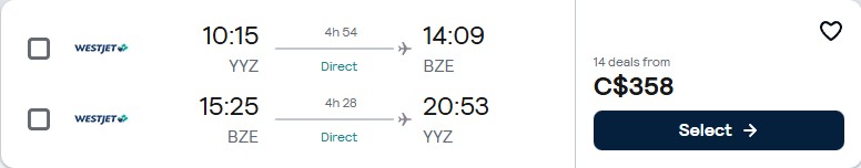 Non-stop flights from Toronto, Canada to Belize City, Belize for only $357 CAD roundtrip. Flight deal ticket image.