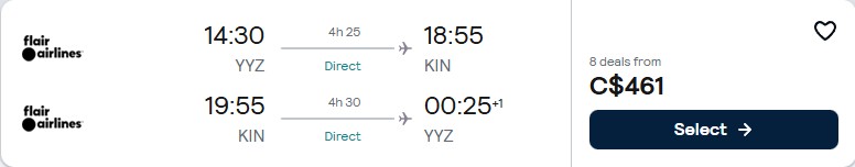 Click here to book this cheap flight deal. Non-stop flights from Toronto, Canada to Kingston, Jamaica for only $461 CAD roundtrip. Flight deal ticket image.