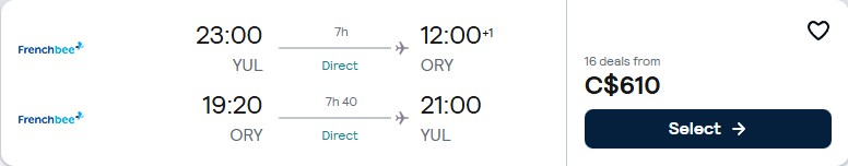 Non-stop flights from Montreal, Canada to Paris, France for only $610 CAD roundtrip. Flight deal ticket image.
