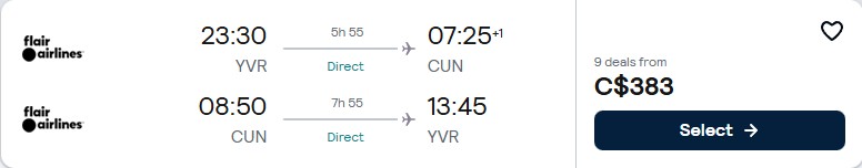Click here to book this cheap flight deal. Non-stop flights from Vancouver, Canada to Cancun, Mexico for only $383 CAD roundtrip. Flight deal ticket image.
