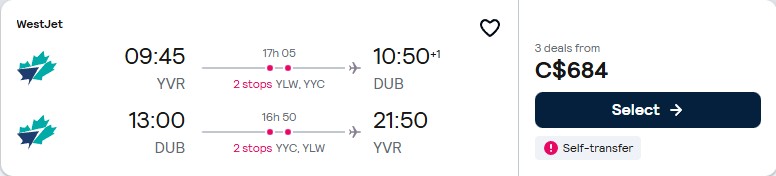 Click here to book this cheap flight deal. Cheap flights from Vancouver, Canada to Dublin, Ireland for only $684 CAD roundtrip. Flight deal ticket image.