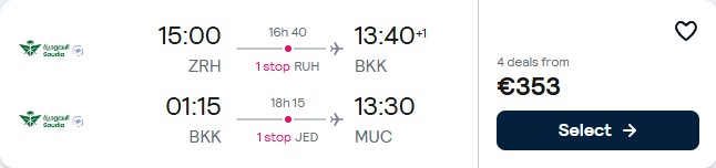 Click here to book this cheap flight deal. Open-jaw flights from Zurich, Switzerland to Bangkok, Thailand returning to European cities from only €353 roundtrip. Flight deal ticket image.