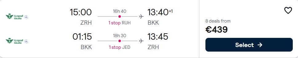 Click here to book this cheap flight deal. Christmas flights from Zurich, Switzerland to Bangkok, Thailand for only €439 roundtrip. Flight deal ticket image.