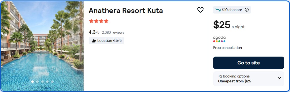 Stay at the 4* Anathera Resort Kuta in Bali, Indonesia for only $25 USD per night. Flight deal ticket image.