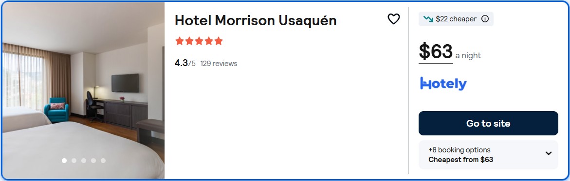 Click here to book this cheap flight deal. Stay at the 5* Hotel Morrison Usaquén in Bogota, Colombia for only $63 USD per night. Flight deal ticket image.