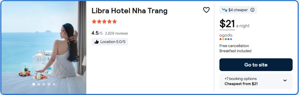 Click here to book this cheap flight deal. Stay at the 5* Libra Hotel Nha Trang in Nha Trang, Vietnam for only $21 USD per night. Flight deal ticket image.