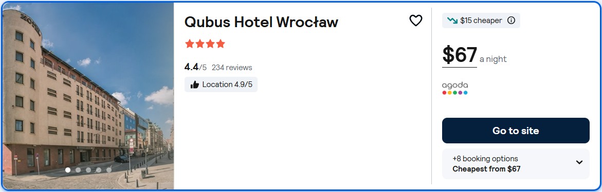 Stay at the 4* Qubus Hotel Wrocław in Wroclaw, Poland for only $67 USD per night. Flight deal ticket image.