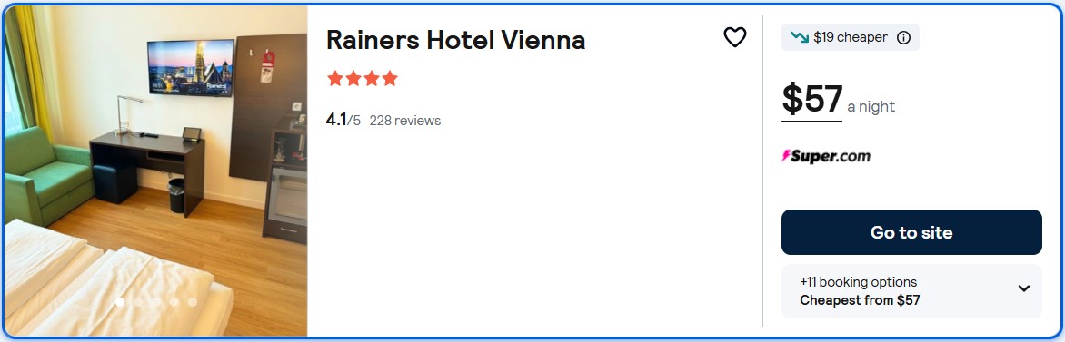 Click here to book this cheap flight deal. Stay at the 4* Rainers Hotel Vienna in Vienna, Austria for only $57 USD per night. Flight deal ticket image.