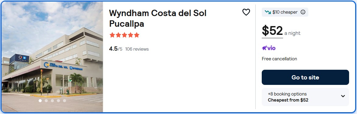 Click here to book this cheap flight deal. Stay at the 5* Wyndham Costa del Sol Pucallpa in Pucallpa, Peru for only $52 USD per night over Christmas. Flight deal ticket image.