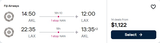 Cheap flights from Auckland, New Zealand to Los Angeles, USA for only $1122 NZD roundtrip with Fiji Airways. Flight deal ticket image.