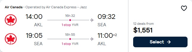 Cheap flights from Auckland, New Zealand to Seattle, USA for only $1551 NZD roundtrip with Air Canada. Flight deal ticket image.