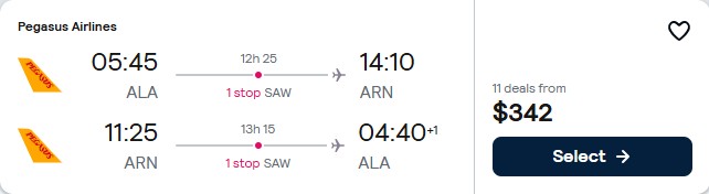 Click here to book this cheap flight deal. Cheap flights from Almaty, Kazakhstan to Stockholm, Sweden for only $342 USD roundtrip. Flight deal ticket image.