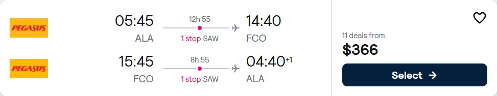 Click here to book this cheap flight deal. New Year flights from Almaty, Kazakhstan to Rome, Italy for only $366 USD roundtrip. Flight deal ticket image.