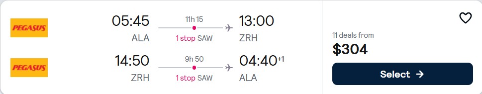 Click here to book this cheap flight deal. Cheap flights from Almaty, Kazakhstan to Zurich, Switzerland for only $304 USD roundtrip. Flight deal ticket image.