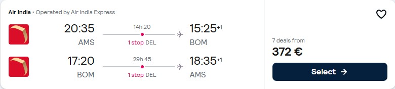 Click here to book this cheap flight deal. Cheap flights from Amsterdam, Netherlands to Mumbai, India for only €372 roundtrip. Flight deal ticket image.