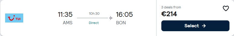 Click here to book this cheap flight deal. Non-stop, last minute flights from Amsterdam, Netherlands to Bonaire for only €214 one-way. Flight deal ticket image.