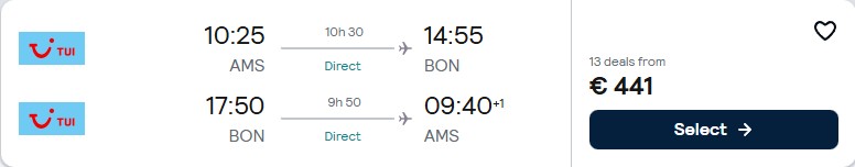 Click here to book this cheap flight deal. Non-stop, last minute flights from Amsterdam, Netherlands to Bonaire for only €441 roundtrip. Flight deal ticket image.