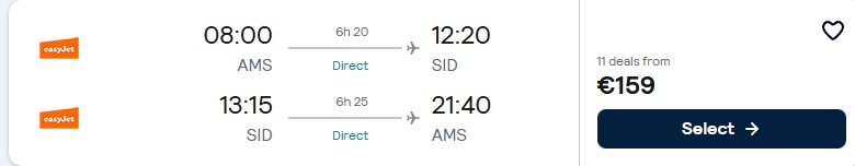 Click here to book this cheap flight deal. Non-stop flights from Amsterdam, Netherlands to Sal, Cape Verde for only €159 roundtrip. Flight deal ticket image.