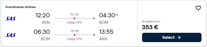 Click here to book this cheap flight deal. Cheap flights from Stockholm, Sweden to Mumbai, India for only €353 roundtrip with Scandinavian Airlines. Flight deal ticket image.