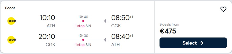 Cheap flights from Athens, Greece to Jakarta, Indonesia for only €475 roundtrip. Flight deal ticket image.