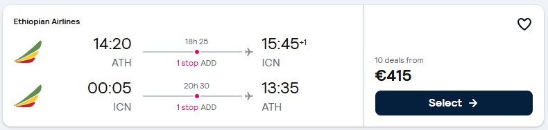 Cheap flights from Athens, Greece to Seoul, South Korea for only €415 roundtrip. Flight deal ticket image.
