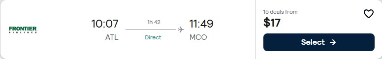 Click here to book this cheap flight deal. Non-stop flights from Atlanta to Orlando, Florida for only $17 one-way. Also works in reverse. Flight deal ticket image.