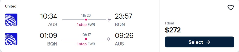 Click here to book this cheap flight deal. Cheap flights from Austin, Texas to Aguadilla, Puerto Rico for only $272 roundtrip with United Airlines. Flight deal ticket image.