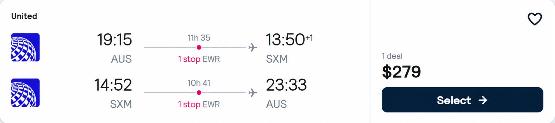 Click here to book this cheap flight deal. Cheap flights from Austin, Texas to St. Martin for only $279 roundtrip with United Airlines. Flight deal ticket image.