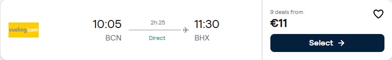 Click here to book this cheap flight deal. Non-stop flights from Barcelona, Spain to European cities from only €11 one-way. Flight deal ticket image.