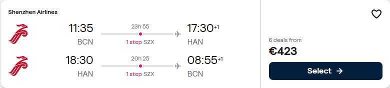 Click here to book this cheap flight deal. Cheap flights from Barcelona, Spain to Hanoi, Vietnam for only €423 roundtrip. Flight deal ticket image.