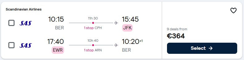 Click here to book this cheap flight deal. Cheap flights from German cities to New York, USA from only €364 roundtrip with Scandinavian Airlines. Flight deal ticket image.