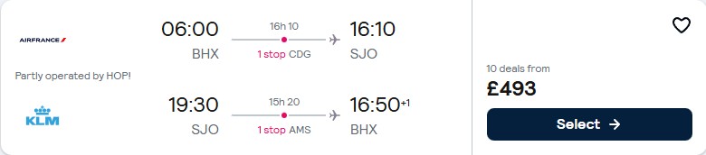 Click here to book this cheap flight deal. Cheap flights from Birmingham, UK to San Jose, Costa Rica for only £493 roundtrip with Air France and KLM. Flight deal ticket image.