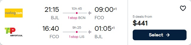 Cheap flights from Banjul, Gambia to Rome, Italy for only $441 USD roundtrip with TAP Air Portugal. Flight deal ticket image.