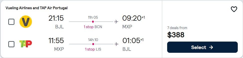 Cheap flights from Banjul, Gambia to Milan, Italy for only $388 USD roundtrip with TAP Air Portugal. Flight deal ticket image.