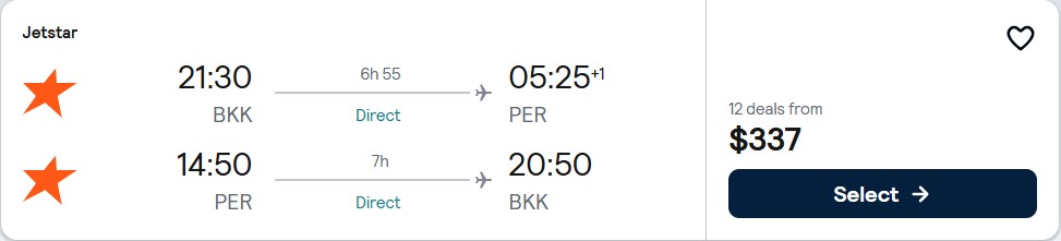 Click here to book this cheap flight deal. Non-stop flights from Bangkok, Thailand to Perth, Australia for only $337 USD roundtrip with Jetstar. Flight deal ticket image.