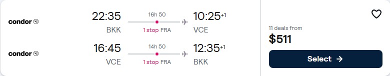 Click here to book this cheap flight deal. Cheap flights from Bangkok, Thailand to Venice, Italy for only $511 USD roundtrip. Flight deal ticket image.