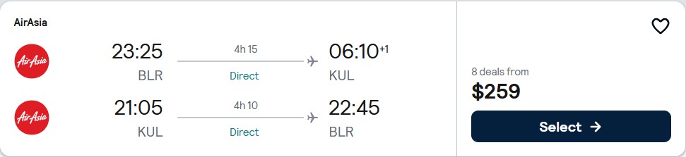 Click here to book this cheap flight deal. Non-stop flights from Bangalore, India to Kuala Lumpur, Malaysia for only $259 USD roundtrip. Flight deal ticket image.