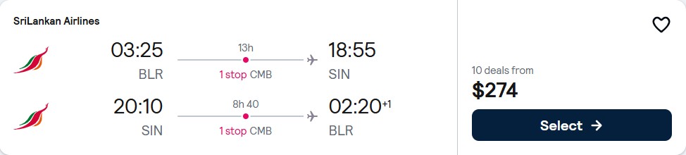 Click here to book this cheap flight deal. Cheap flights from Bangalore, India to Singapore for only $274 USD roundtrip with SriLankan Airlines. Flight deal ticket image.