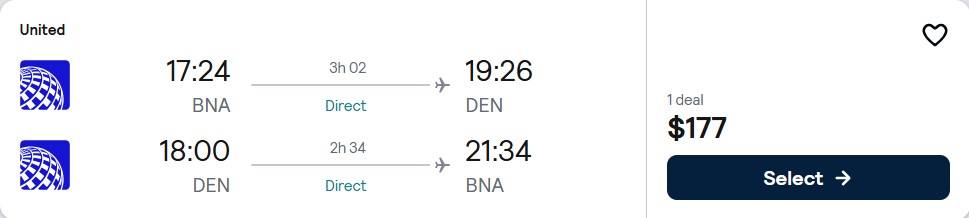 Click here to book this cheap flight deal. Non-stop flights from Nashville to Denver, Colorado for only $177 roundtrip with United Airlines. Also works in reverse. Flight deal ticket image.