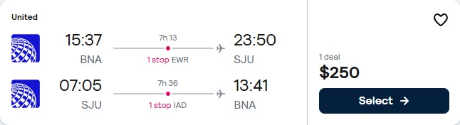 Click here to book this cheap flight deal. Cheap flights from Nashville to San Juan, Puerto Rico for only $250 roundtrip with United Airlines. Flight deal ticket image.