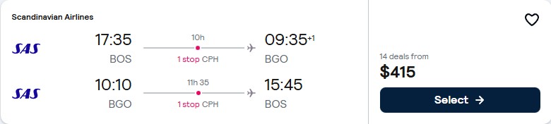 Click here to book this cheap flight deal. Cheap flights from Boston to Bergen, Norway for only $415 roundtrip with Scandinavian Airlines. Flight deal ticket image.