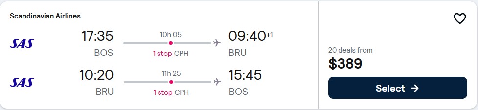 Cheap flights from Boston to Brussels, Belgium for only $389 roundtrip with Scandinavian Airlines. Flight deal ticket image.