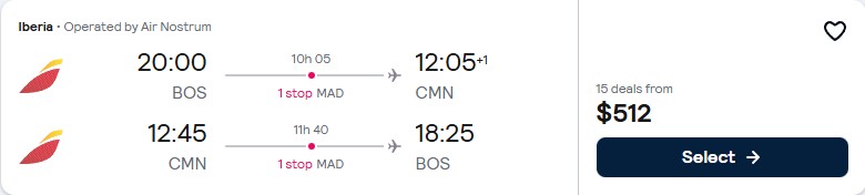 Cheap flights from Boston to Casablanca, Morocco for only $512 roundtrip with Iberia. Flight deal ticket image.