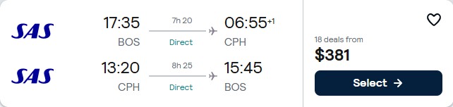 Non-stop flights from Boston to Copenhagen, Denmark for only $381 roundtrip with Scandinavian Airlines. Flight deal ticket image.