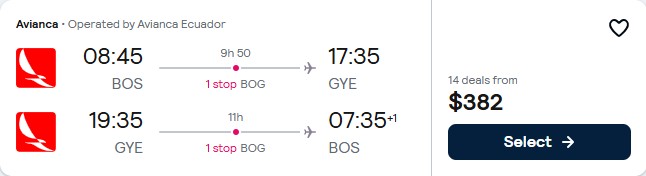 Click here to book this cheap flight deal. Cheap flights from Boston to Guayaquil, Ecuador for only $382 roundtrip with Avianca. Flight deal ticket image.